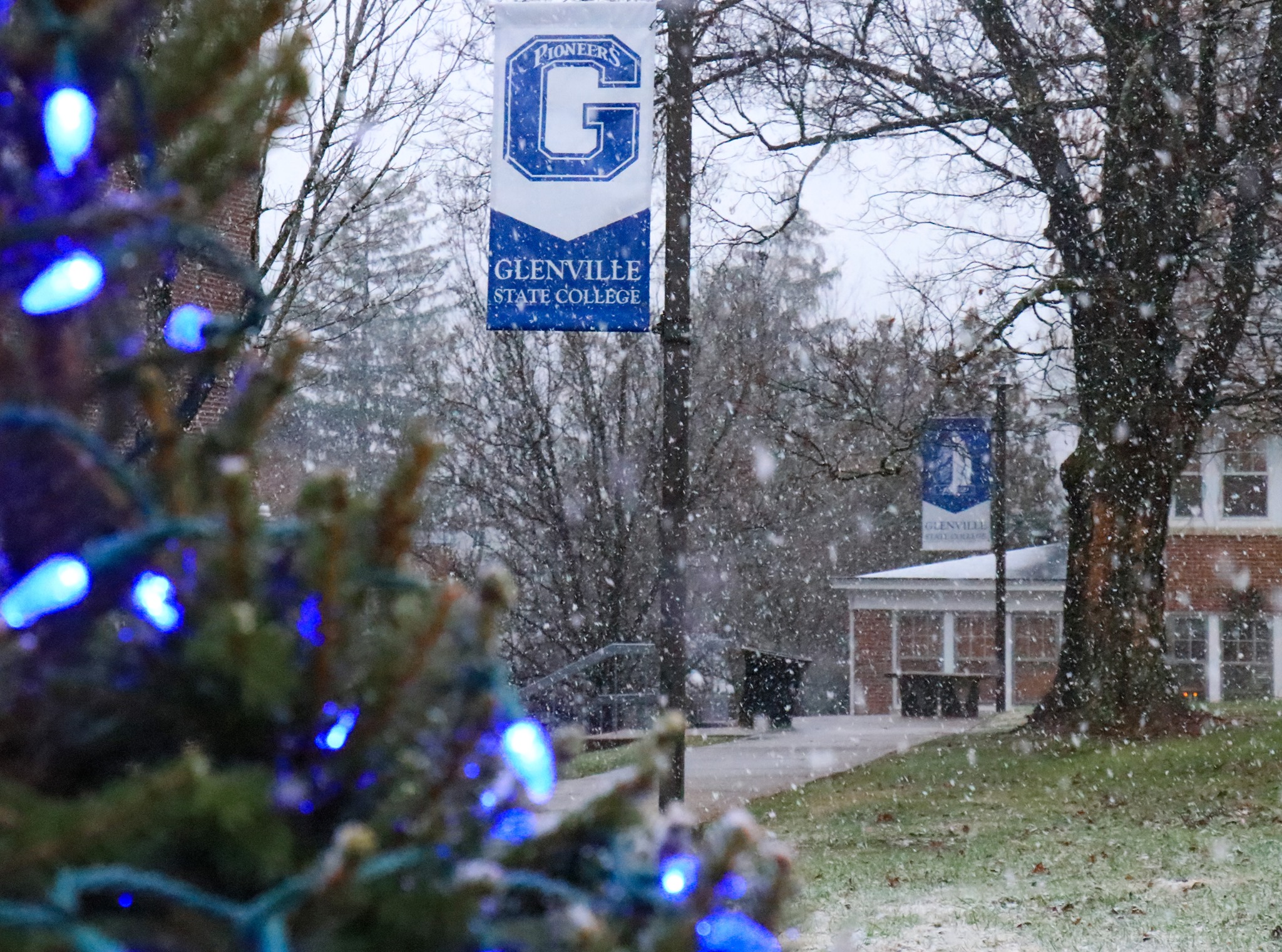 Snow falls on campus, contrasting against a dark gray sky. Trees with dark wood and lamp posts hung with bright blue banners line a walkway. In the foreground, there is the glow of blue lights twinkling on a pine.