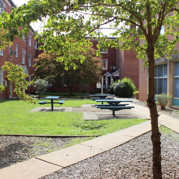 Image: A courtyard tucked in between buildings with several blue picnic tables and benches.