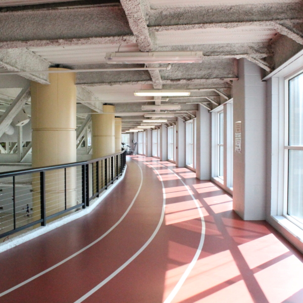 An indoor walking and jogging track encircles the upper level of the Falcon Center, FSU's student union
